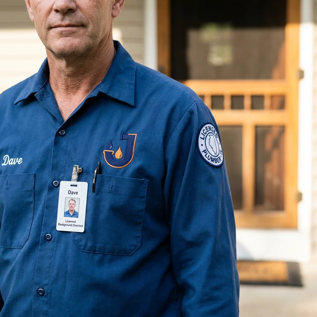 Licensed plumber showing ID badge in Harrisburg, AR