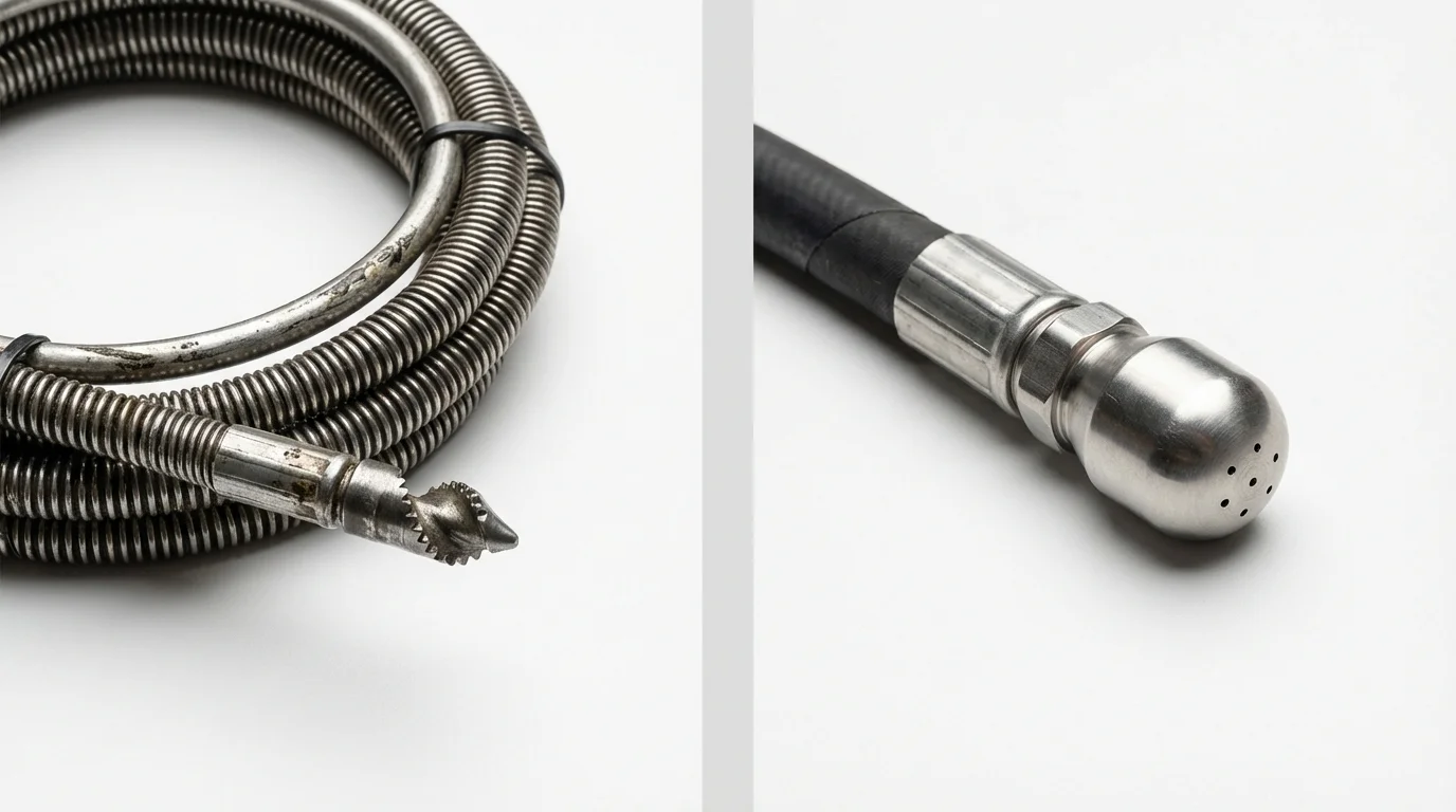 Drain snake cable and hydro jetting nozzle used for drain cleaning in Harrisburg, AR