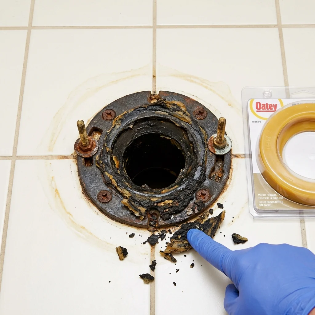 Failed wax ring showing water seepage at the base of a toilet in a Harrisburg, AR home