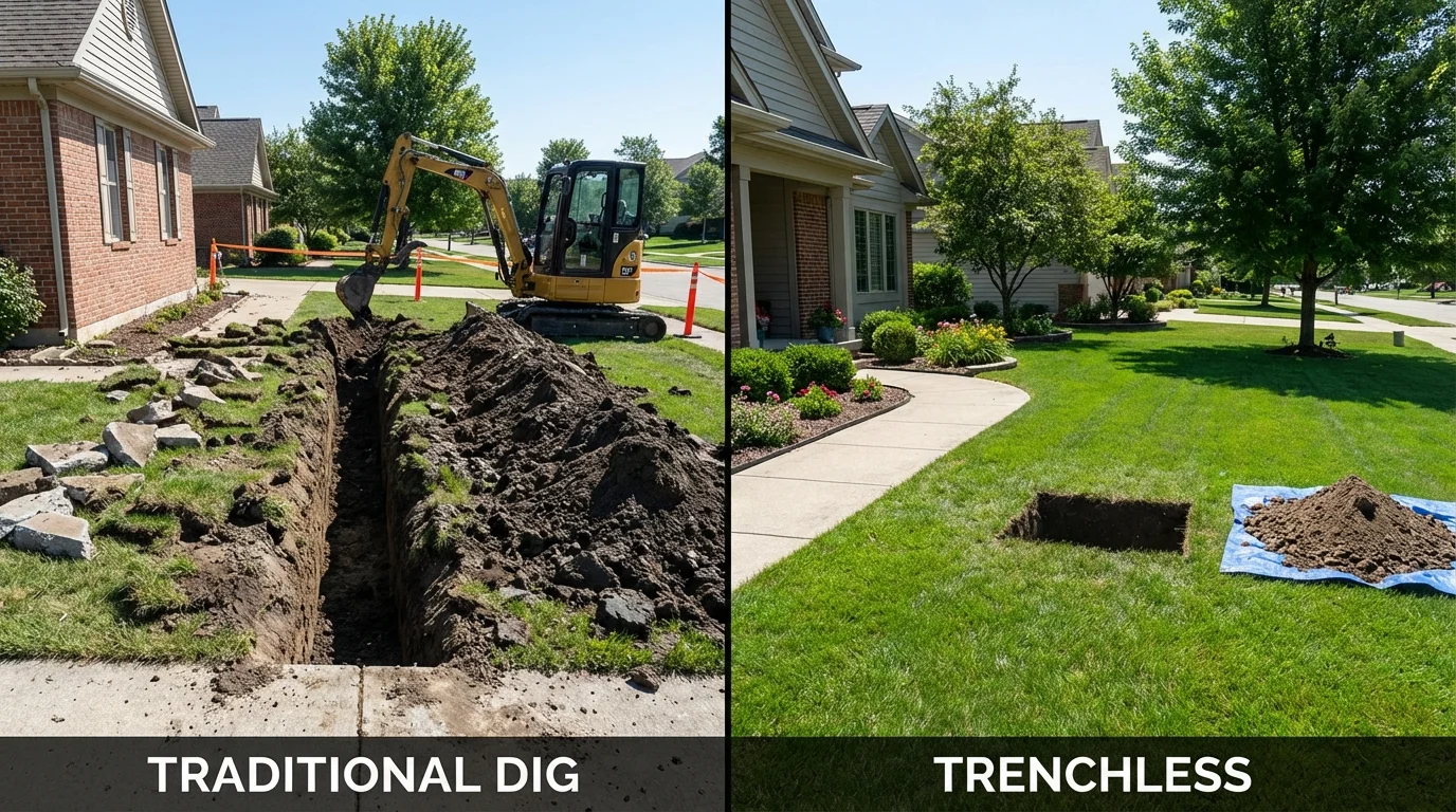 Trenchless sewer repair with minimal yard damage versus traditional excavation in Harrisburg, AR