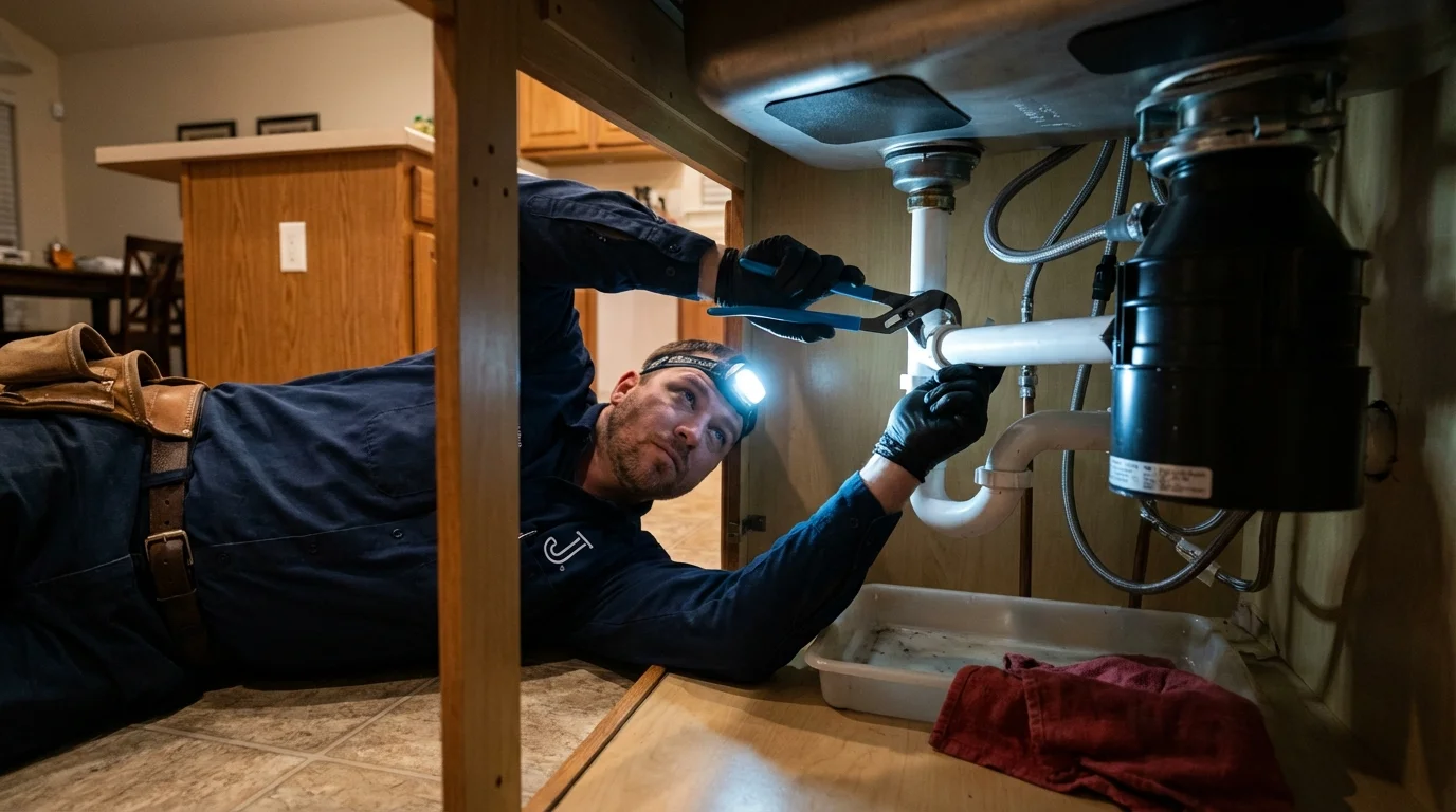 P-trap and supply line connections under a kitchen sink showing a common leak point in Harrisburg, AR